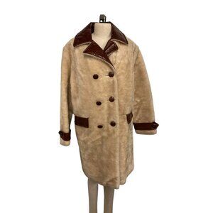 Vintage Fingerhut Fashions Faux Fur Coat Size 18 Brown Leather Trim Beige